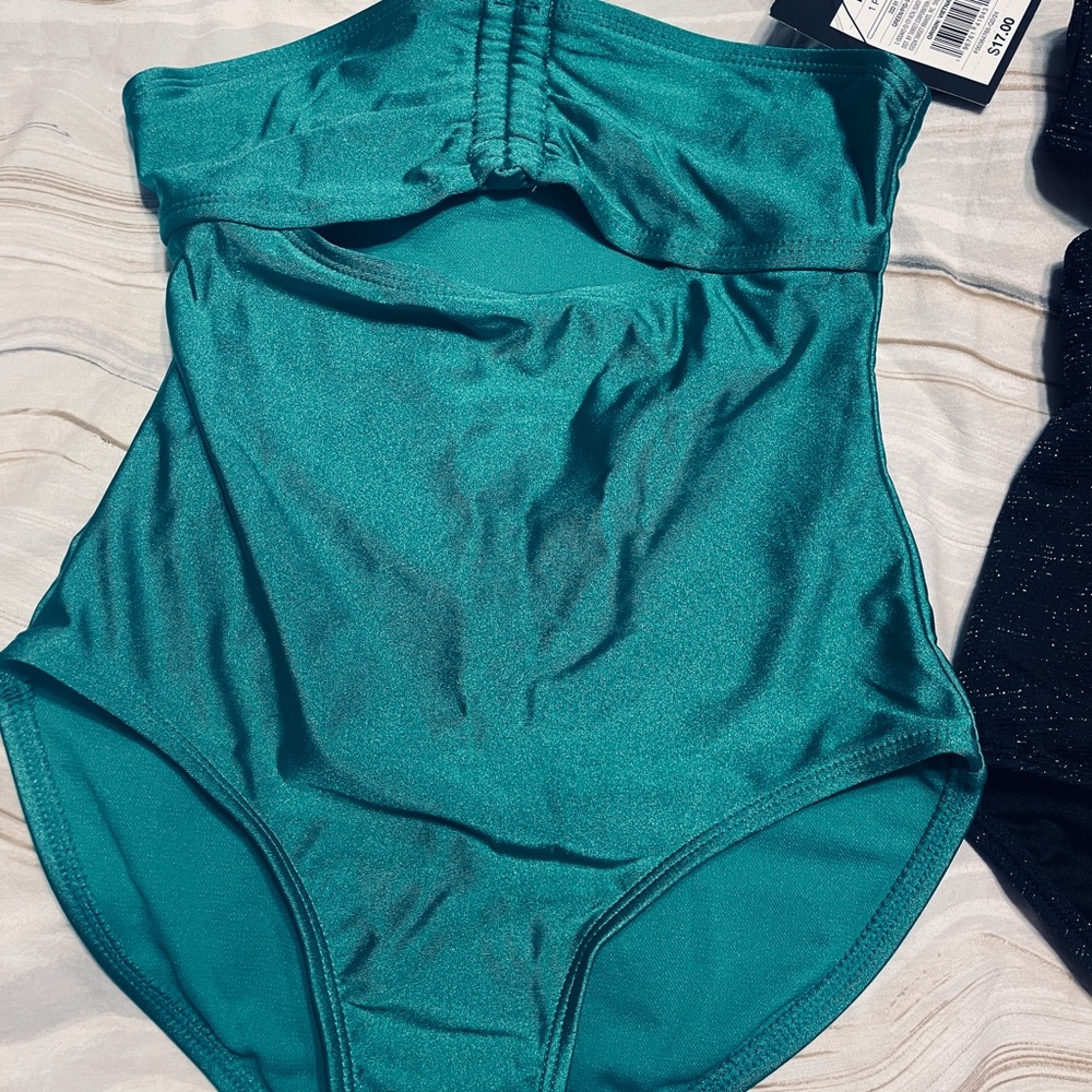 New 2 Art Class 1pc swimsuits Shimmering Green & gold infused black retail $34